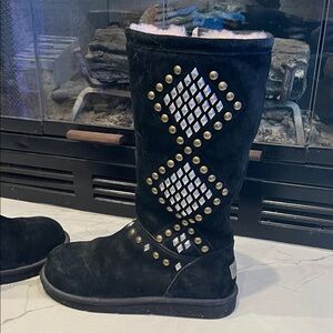 UGG Black Boots with White Diamond Pattern and Gold Studs